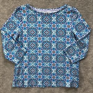 Talbots Blue-Patterned Bateau Neckline Cotton Top